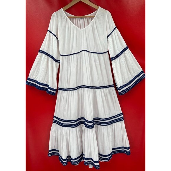 V. DE. Vinster White V-Neck Navy Blue Mini Pom Pom Details Easy Wear Dress Sz S - Picture 1 of 7